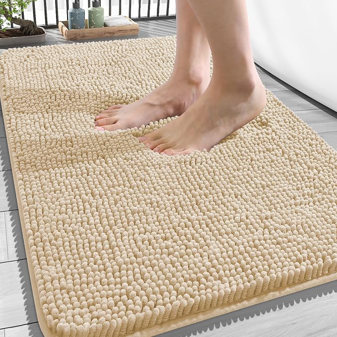 OLANLY Bathroom Rugs 34x21, Extra Soft Absorbent Chenille Bath Rugs | Beige, Quick-Drying Rubber Backing, Machine Washable Bath Mat for Bathroom Floor, Tub and Shower, Home Decor Accessories
