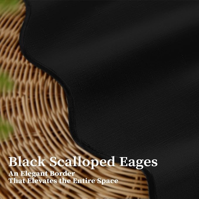54x78 Boho Scalloped Linen Textured Cloth Shower Curtain Set, Black | Narrow Long Size, 230GSM Waterproof Polyester, Heavy Duty Fabric, 10 Plastic Hooks, Elegant Farmhouse Style, Machine Washable