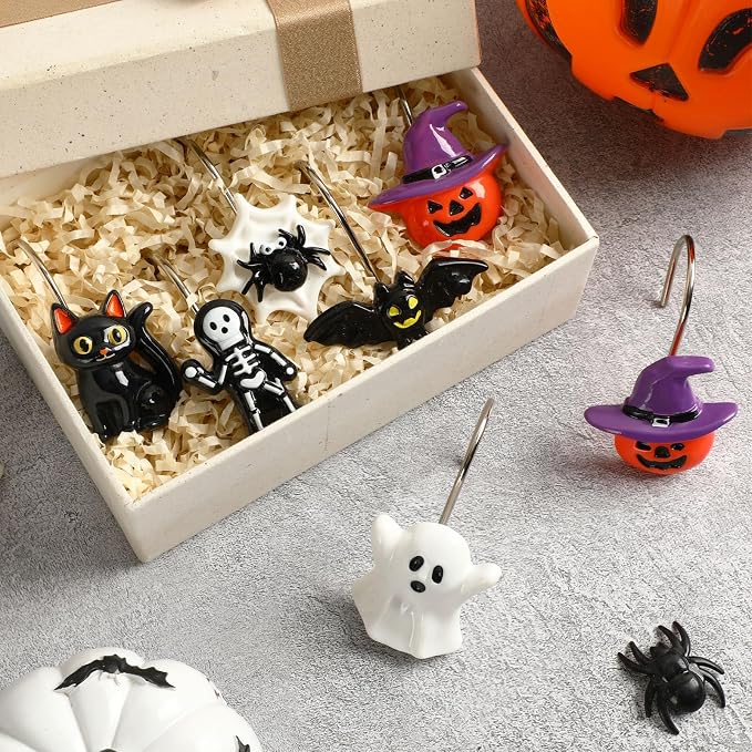 Halloween Shower Curtain Hooks 12 Pcs Ghost Pumpkin Decor Set | Resin Metal Standard Size, Smooth Gliding Rustproof, Bat Skull Spider Cat Designs, Bathroom Festive Home Accents