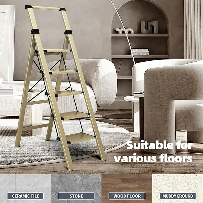 HillhutApex Aluminum 5 Step Ladder, Step Stool Foldable Ladder(Gold) | Stepladder with Handgrip,Anti-Slip Pedals,330lbs Capacity,Lightweight Folding Ladder for Home,Office,Libaray