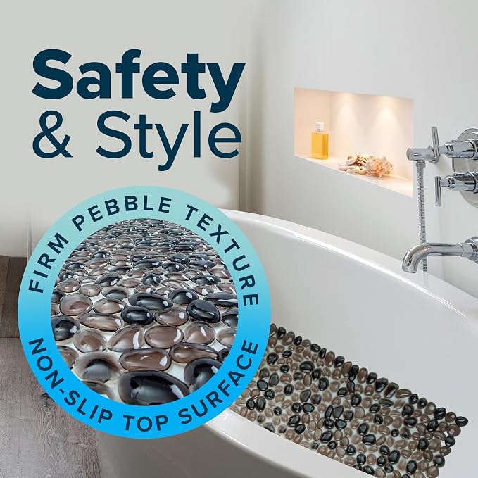 SlipX Solutions 38"x17" Pebble Non Slip Mat for Bath & Shower, Bronze | Foot Massaging Accupressure Bathtub Mat, River Rock Look, 188 Suction Cups, Machine Washable