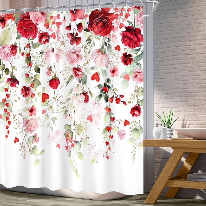 Mother Day Women Red Pink Rose Bathroom Shower Curtain Set | 72"W x 72"L Floral Watercolor design with waterproof HD artwork, quick-dry fabric and hooks for easy hanging.