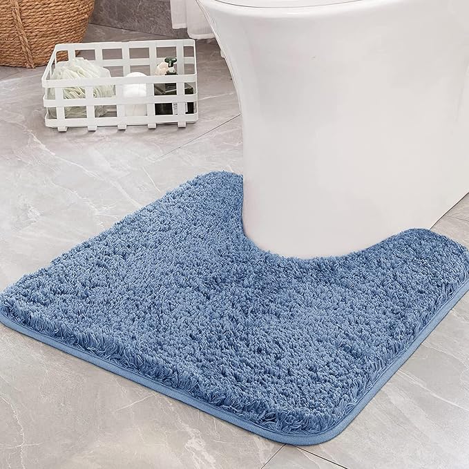 MIULEE Blue Toilet Bathroom Rug U-Shaped Microfiber Bath Mat 24x24 Inch | Absorbent, Non Slip, Quick Dry, Fluffy Bath Rugs for Bathroom Floor Tub Showers, Machine Washable