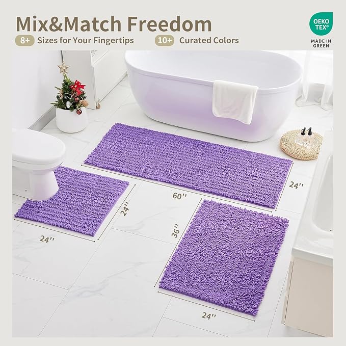 Bathroom Rugs Non Slip Washable 32x20, Extra Thick Soft Chenille Absorbent Bath Mat, High Density Barrier Non Slip Backing, Quick Dry Plush Shaggy Floor Carpet for Tub&Shower, Purple