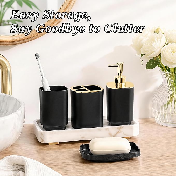 Bathroom Accessories Set with Shower Curtain Hooks, Black & Gold | 14Pcs Bathroom Sets with Trash Can, Toilet Brush, Soap Toothbrush Holder Set, Squeegee, Towel Ring, Razor/Toilet Paper Holder