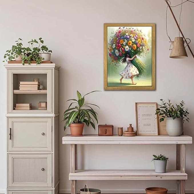 Wood Framed Pink Wildflower Canvas Wall Art, Girl Hugging Flowers Poster Prints Paintings, Teen Girls Preppy Bedroom Decor, Green Room laesthetic Picture for Kids Room Hallway Living Room 8x10 Inch