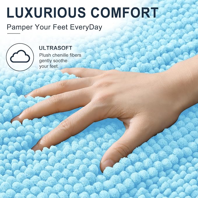 Smiry Thick Chenille Bathroom Rugs 36x24, Soft Absorbent Bath Mat, Sky Blue | Quick‑Dry & Machine Washable, Non‑Slip Bath Carpet, Striped Bath Rugs for Tub & Shower, Modern Home Decor Accessories