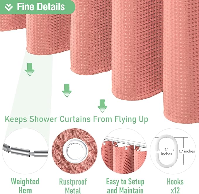 Long Waffle Shower Curtain 256 GSM Heavy Fabric 72x78 Coral | 78 Inch Long, Thick Polyester Cloth, Weighted Hem, Water Repellent, Washable, Tall Hotel Bathroom Shower Curtain Set 12 Hooks
