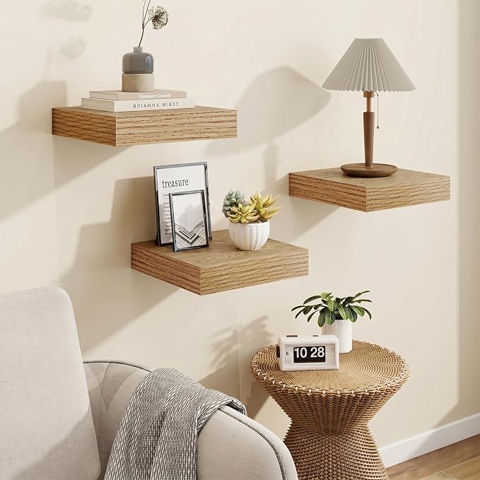 Marsmiles 8in Depth Floating Shelves, 8x8x1.4, Light Brown, Set of 3 | Small Wall Mounted Square Shelves, Engineered Wood, Invisible Brackets, Living Room, Bedroom, Bathroom, Kitchen Decor