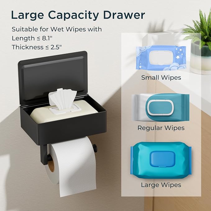 FORIOUS Toilet Paper Holder with Shelf, Wall-Mounted Modern Wipes Dispenser | Matte Black | Toilet Paper Holder with Storage | Flushable Wipes Dispenser for Bathroom | Sanitary Napkin Tampon Holder