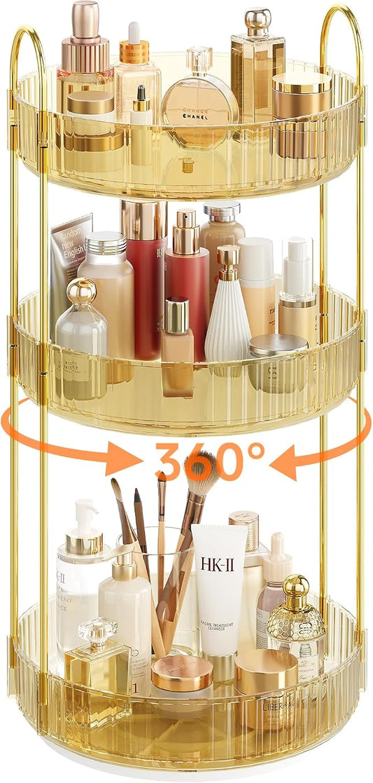 Rotating Makeup Organizer Countertop, 3 Tier, Gold | Skincare Organizers, Spinning Perfume Tray Stand, Makeup Storage Organizer for Vanity, Bathroom Organizer, Lazy Susan