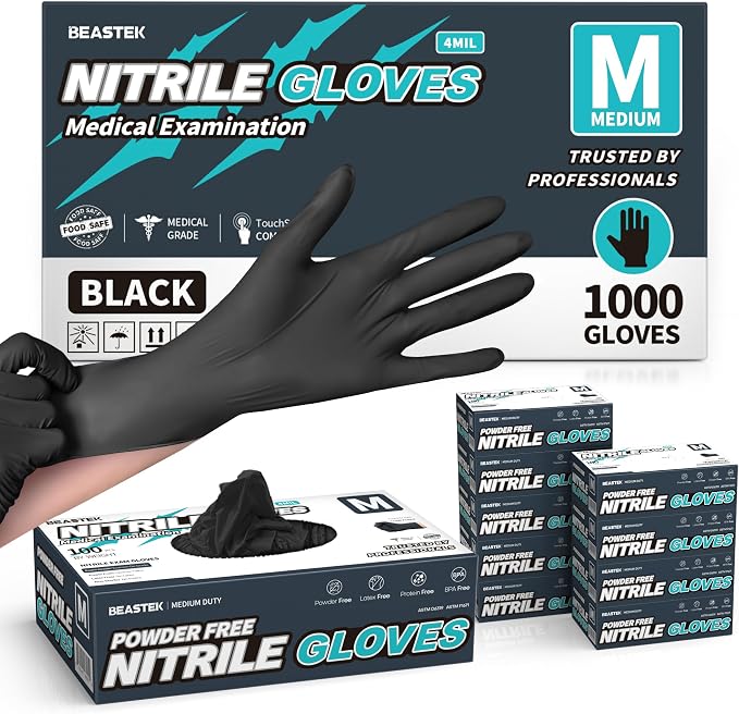 Black Nitrile Exam Gloves, 4 Mil, Powder-Free Food Prep Disposable | Soft+ • Powder-Free • Latex-Free • Medical • Examination • Cooking • Cleaning • Food Prep • Tattoo • Black • 100 Ct & 1000 Ct