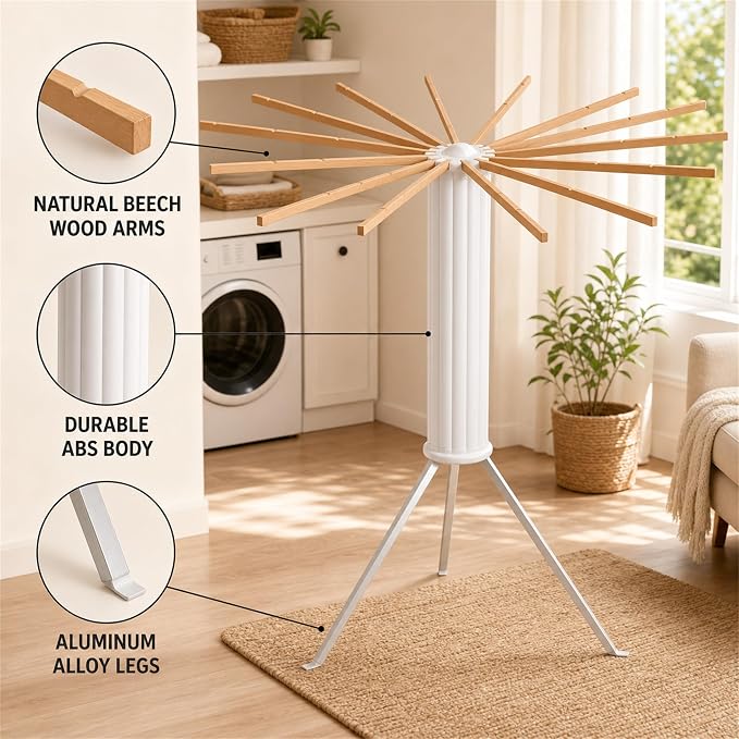 Clothes Drying Rack Foldable, Portable Laundry Drying Rack for Clothes with 16 Wooden Rods & 48 Windproof Slots, Collapsible Tripod Dry Rack for Apartment, RV, Balcony