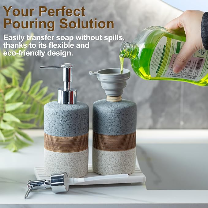 Ceramic Soap Dispenser Set of 2, Hand and Dish Soap Dispenser Set | Shower Shampoo Soap Dispenser for Bathroom, Kitchen | Stainless Steel Pump, Silicone Funnel and Diatomaceous Tray, 12 oz Gray