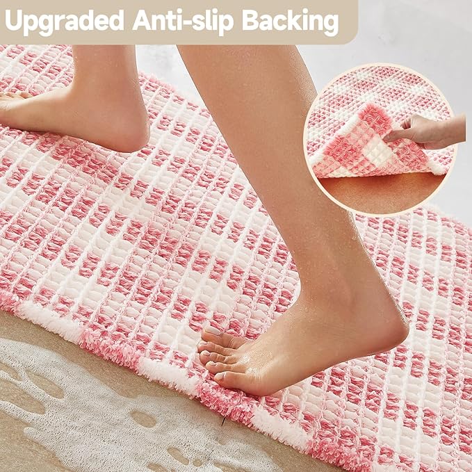TYUU Waffle Bath Mat, Boho Bathroom Rugs Non Slip Washable Absorbent Checkered Bathroom Mat Quick Dry Cute Bath Mat, 24"x16" Pink and White