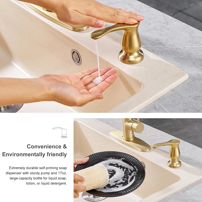 Gold Kitchen Sink Soap Dispenser with 17 OZ Bottle | Soap Dispenser for Kitchen Sink, Built in Soap Dispenser, Liquid Dispenser, Refill from The Top, G086BG