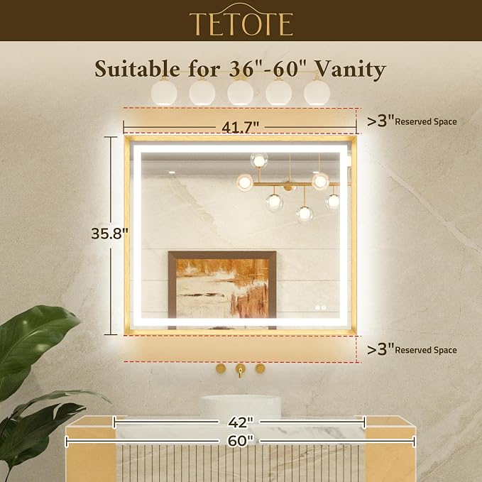 42 x 36 Led Mirror Brushed Gold Metal Frame Frontlit & Backlit Vanity Mirror Anti-Fog Stepless Dimmable 3 Colors White/Warm/Natural Wall Mirror with Lights Wall-Mounted