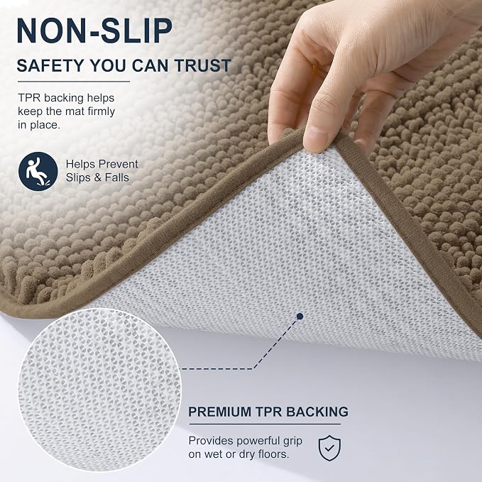Smiry Thick Small Chenille Bathroom Rugs 24x16, Absorbent Bath Mat, Tan | Quick‑Dry & Machine Washable, Non‑Slip Bath Carpet, Soft Striped Bath Rugs for Tub & Shower, Modern Home Decor Accessories