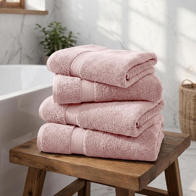 Superior Egyptian Cotton Plush & Absorbent, Bath Towel Set of 4, Tea Rose | Quick Dry, Soft Luxury Towel Set, Bath Essentials for Bathroom, Guest Bath, Spa, 4 Piece Bath, Madeline Towels