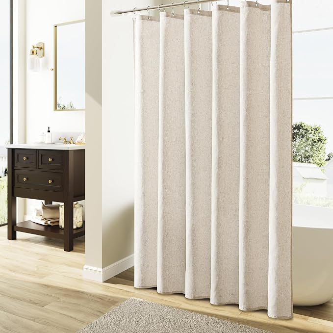 Extra Long Linen Shower Curtain 88 Inch Long Weighted Thick Fabric Bath Shower Curtain Set with Hooks, XLong Tall Country Farmhouse Beige Curtains for Bathroom, 72x88