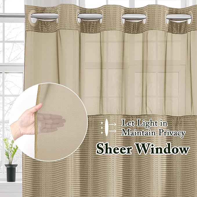No Hook Cloth Beige Shower Curtain with Liner, 72x86 | Snap-in Fabric Liner, Hotel Style with Mesh Top Window, Waterproof Coating, Machine Washable, Rustproof Grommets