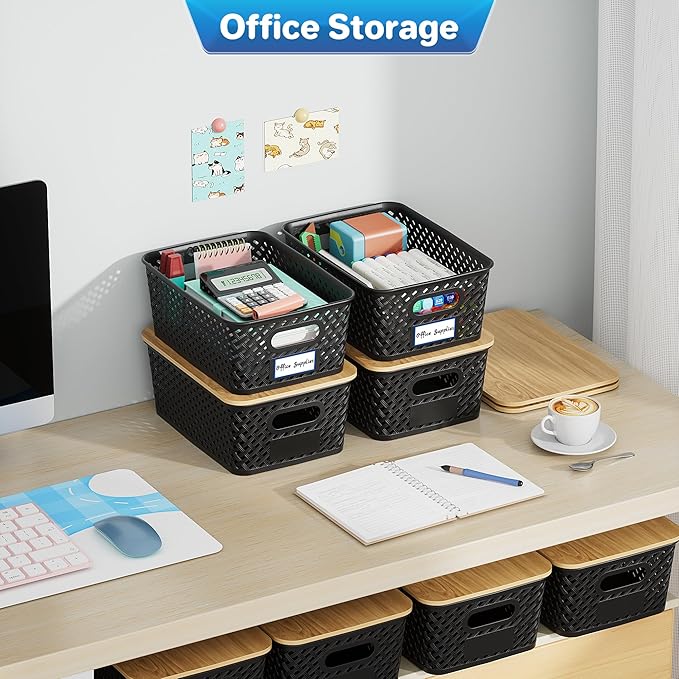 Anysig 8 Pack Plastic Storage Bins with Bamboo Lids, 5.2 QT Stackable Bins | Decorative Small Storage Basket Containers for Organizing Shelves Office Classroom Desktop Closet, Black