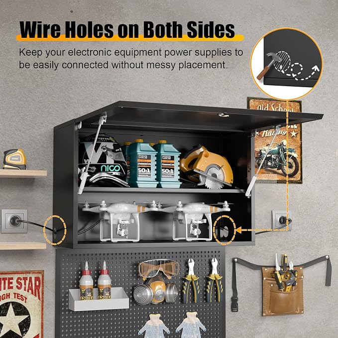 Garage Wall Cabinet, Metal Tool Cabinet with Lock&Adjustable Shelf | 20"H Wall Mounted Garage Storage Cabinets with Up-Flip Door, Black Steel Floating Locker for Basement, Workshop, Kitchen