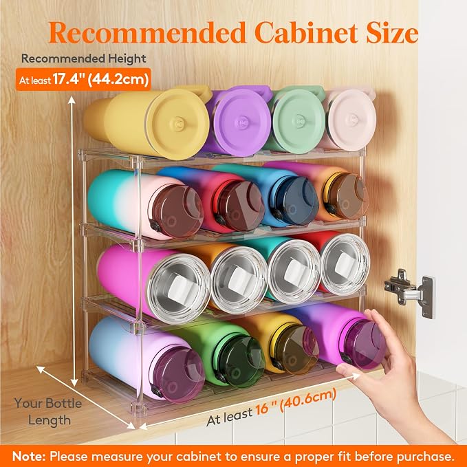 Lifewit Stackable Bottle Storage Organizer, Clear Freestanding Wine Holder for Cabinet, Large Slot Water Bottle Tumbler Organizer for Pantry, Plastic Wine Rack for Fridge Cellar, 4Tier Hold 16