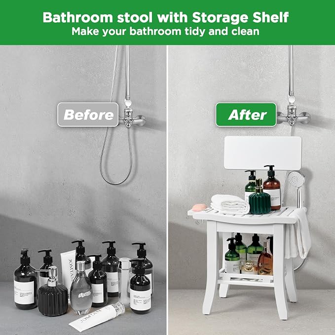 Bamboo Shower Chair for Inside Shower Elderly Disabled, White | Two-Tier Shower Bench with Storage Shelf, Soap Dish, Shower Head Holder, Watrerproof Shower Seat for Adults Pregnant