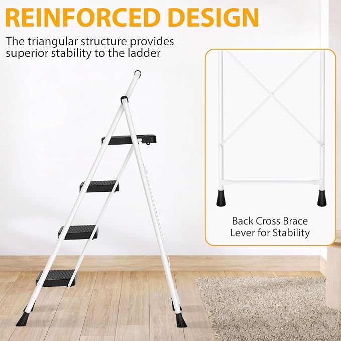 Step Ladder, Portable Steel Folding Step Stool with Wide Anti-Slip Pedal & Convenient Handgrip, Sturdy Steel Ladder, 4-Step, White