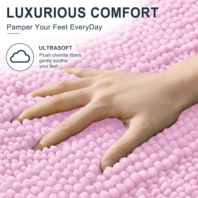 Smiry Thick Chenille Bathroom Runner Rugs 44x24, Absorbent Bath Mat, Pink | Quick‑Dry & Machine Washable, Non‑Slip Bath Carpet, Soft Striped Bath Rugs for Tub & Shower, Modern Home Decor Accessories