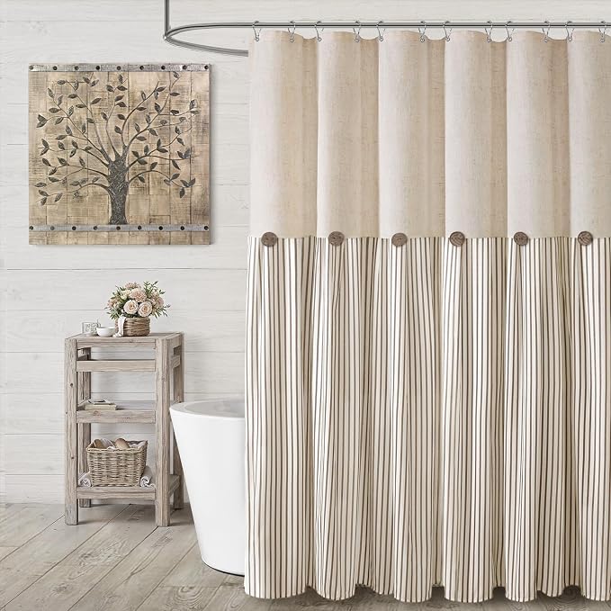 Farmhouse Shower Curtain Linen Button Beige Stripe 72" W x 72" L | Farmhouse Style, Chic Button, Striped, Linen Fabric, Rustic, Country, Natural Look, Washable, for Bathroom Bathtub