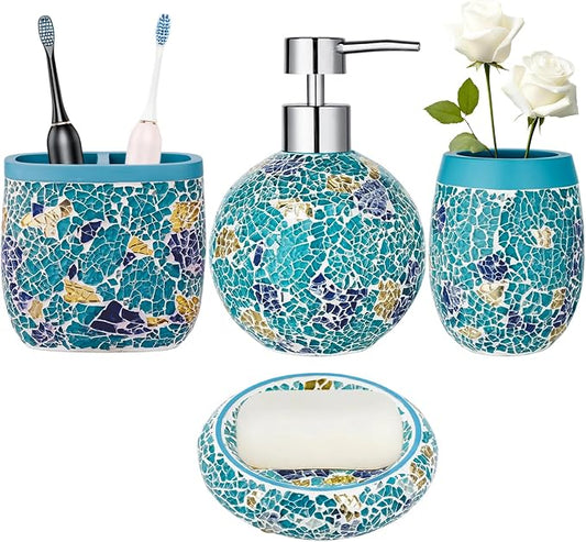 Handmade Blue Mosaic Glass Bathroom Accessory Sets 4PCS Bathroom Accessories Set Complete Includes Lotion Dispenser Toothbrush Holder Tumbler Cup & Soal Dish