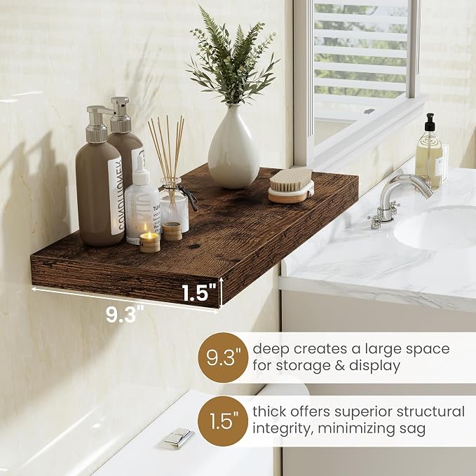 Fun Memories 40" W x 9.3" D Floating Shelves for Wall, Deep Long Floating Shelf for Home Bathroom, Bedroom, Living Room, Rustic Wood Wall Mounted Shelves for Books Decor, Rustic Brown