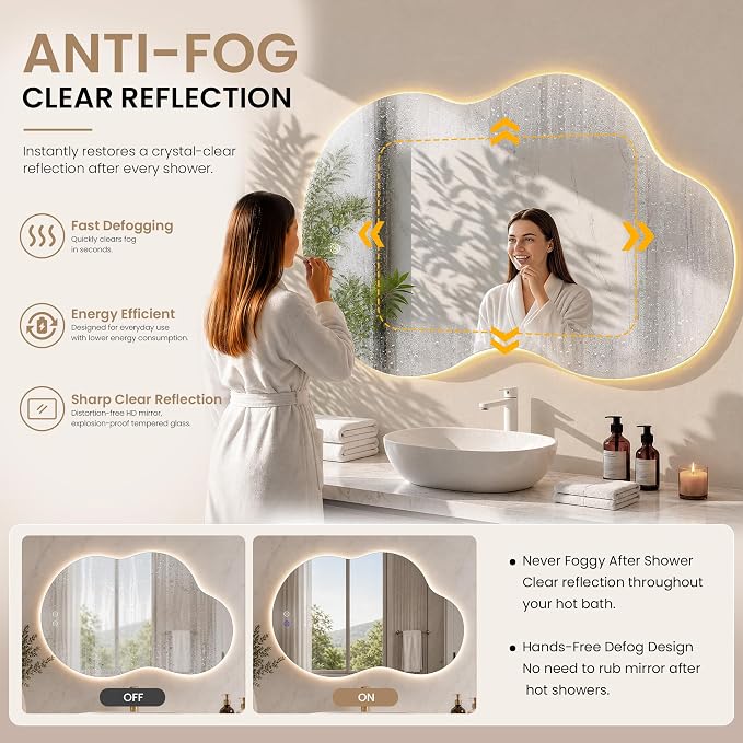 24" x 40" Irregular Backlit Bathroom Mirror, Anti-Fog | Tempered Glass, Cloud Shape, 3 Color Lighting, Stepless Dimming, Memory Function, HD Reflection, Wall Mounted