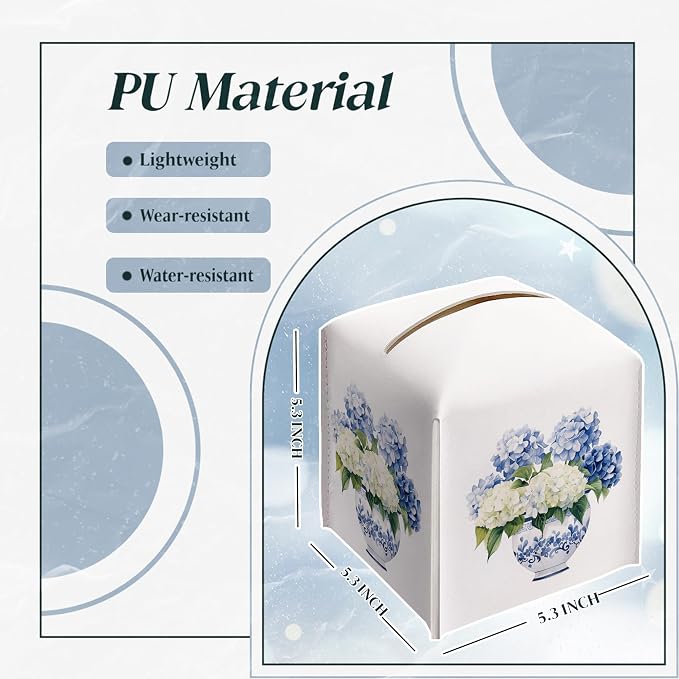 Chinoiserie Blue Hydrangea Square Faux Leather Tissue Box Cover | Blue and White Floral Tissue Holder, Hydrangea Accessories, for Bathroom, Car, Office Desk, 5.3x5.3x5.3