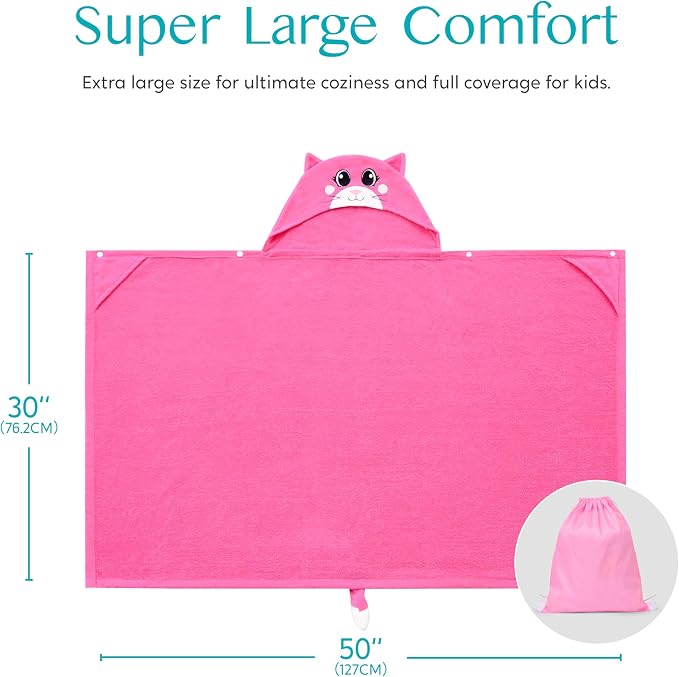 Joiedomi Hooded Towel for Kids Soft 100% Cotton Bath Beach Towel 30" x 50" for Kids 3-8 Years Toddler Pool Poncho with Hood Absorbent Swim Wrap for Boys Girls Pink Cat