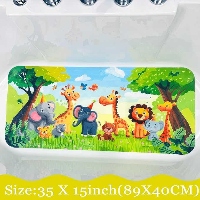 Bath Mats for Tub Kids,Baby Toddler - Large Cartoon Non-Slip Bathroom Bathtub Anti-Slip Shower Mats for Floor 35x15,Machine Washable XL Size Bathroom Mats (Jungle Friends)