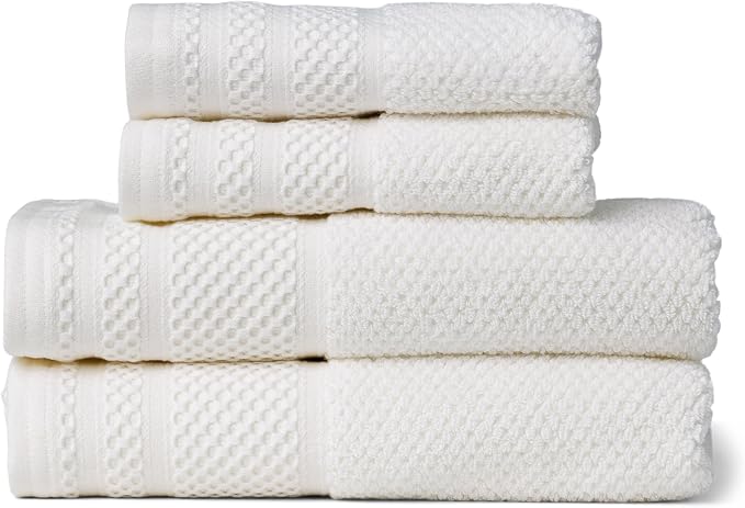 Texere 100% Organic Cotton Rice Weave Jacquard 700 GSM Luxury Bath Towel Sets - Ultra Soft and Absorbent Hotel and Spa Quality (Rice Weave, Bright White, 2 Hand & 2 Wash Towels)