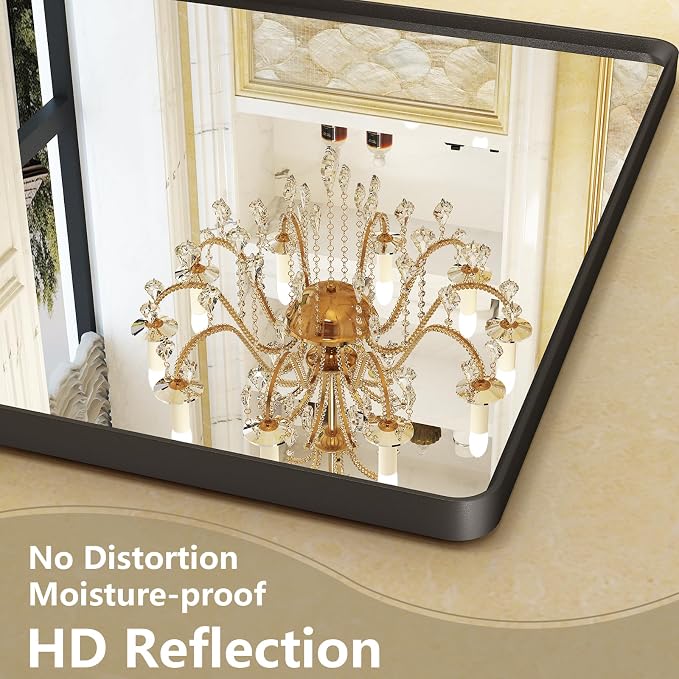 OKPAL 40X36 Inch Black Metal Framed Bathroom Mirror for Wall, Matte Black Bathroom Vanity Mirror, Black Rounded Rectangle Mirror Modern with Rustproof, Tempered Glass (Horizontal/Vertical)