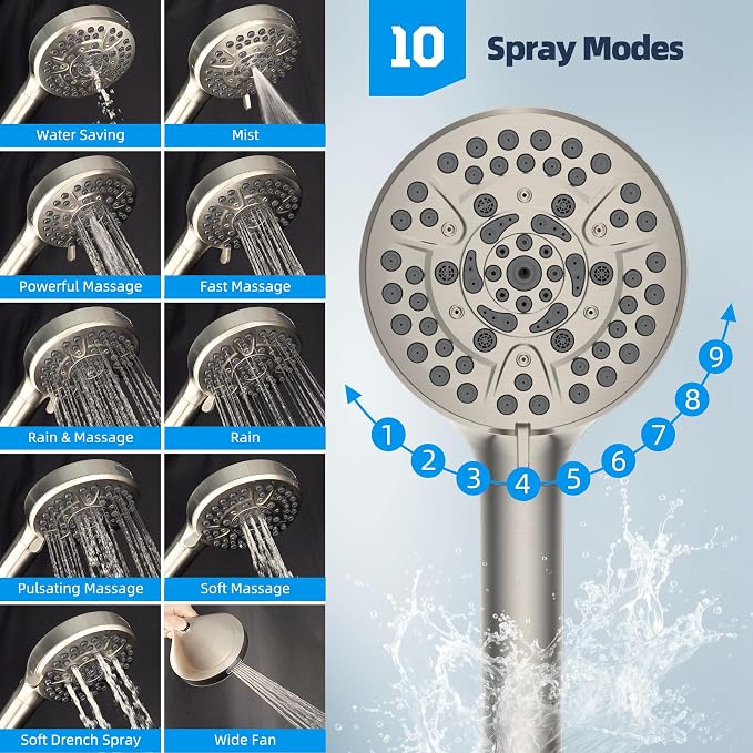 Hibbent 12'' All Metal CUPC Certified Shower Head, High Pressure Rainfall Shower Head, Handheld Showerhead Combo, 12'' Adjustable Extension Arm, 10-Spray, 71'' Hose, Showerhead Holder, Brushed Nickel