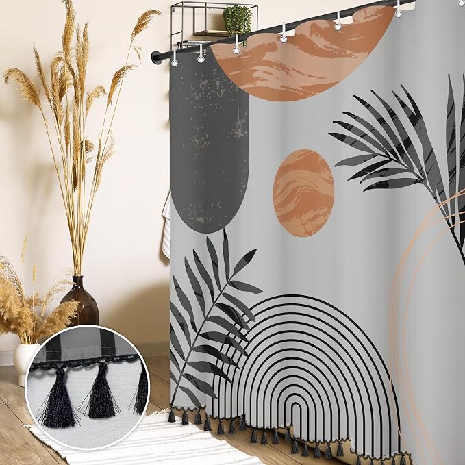 Boho Mid Century Leaf Shower Curtain Set,Arch Sun Design,Minimalistic Leaves Pattern,Waterproof and Luxurious Fabric-12 Hooks(Grey-72" x 84")