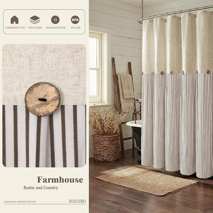 Farmhouse Shower Curtain Linen Beige Button Brown Stripe 72"W x 84"L | Farmhouse Style, Chic Button, Striped, Linen Fabric, Rustic, Country, Natural Look, Washable, for Bathroom Bathtub