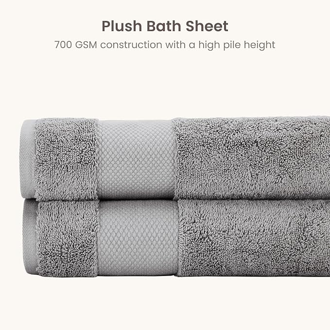100% Organic Cotton Bath Sheet Set of 2 | Soft Oversized Bath Towels | 700 GSM Premium Bath Towel Sheet Set GOTS Certified - Light Grey