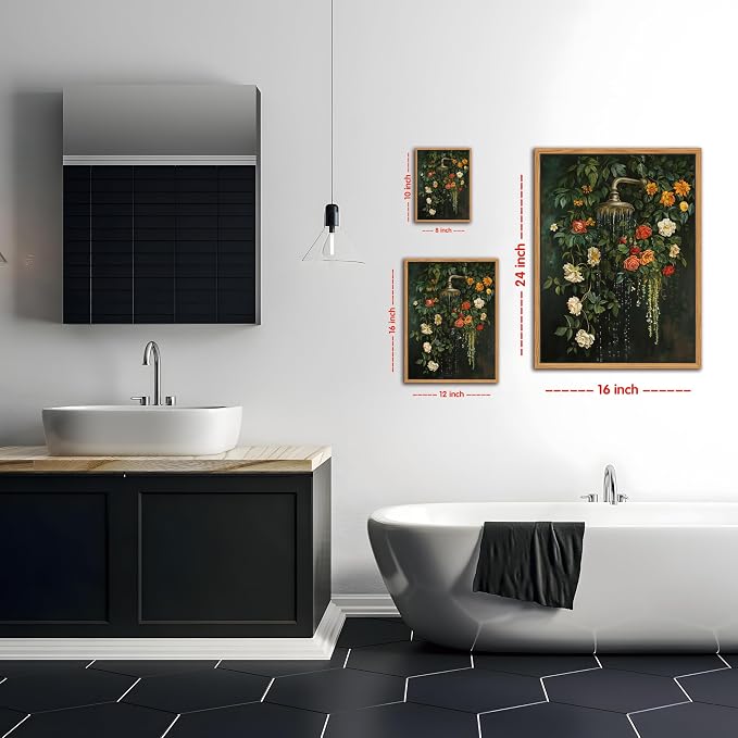 Floating Framed Floral Shower Wall Art, Vintage Botanical Flower Canvas Print, Romantic Garden Roses and Waterfall Painting, Nature Inspired Bathroom Wall Decor for Home Living Room 12x16 inch