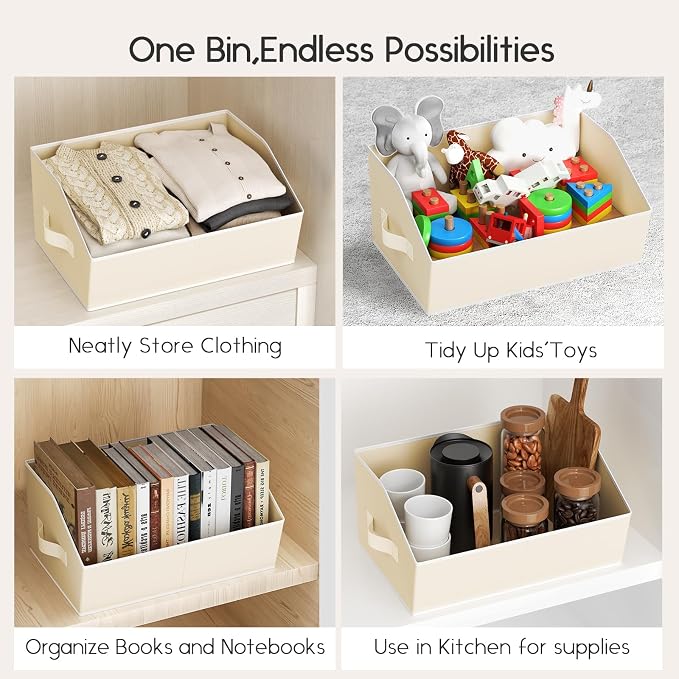 Large Closet Organizers and Storage Bins - 10 Pack Trapezoid Storage Baskets for Shelves, Foldable Fabric Basket with Handles Ideal for Closet, Basket, Wardrobe and Shelf Storage, Beige
