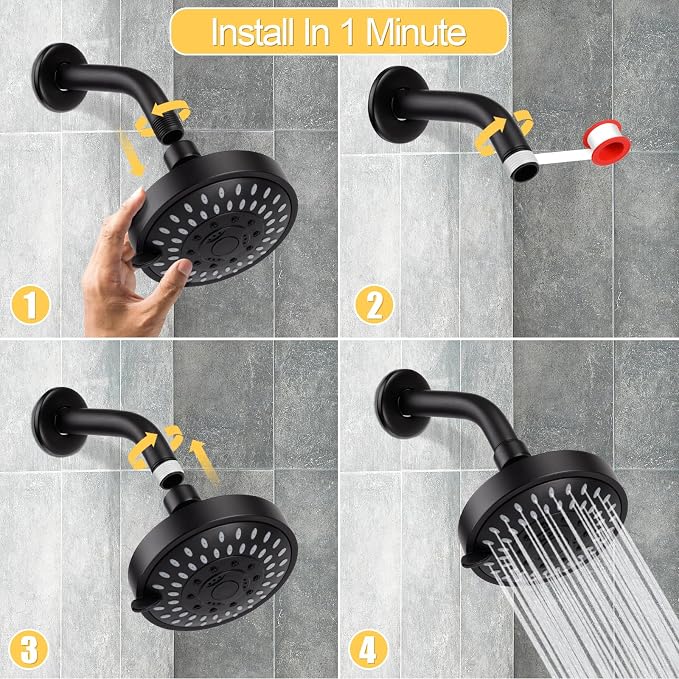 AISOSO High Pressure Rain Shower Head 5 Modes Showerhead 4.1" Matte Black | Low Water Pressure Compatible, Powerful Spray Fixed Showerhead for a Relaxing Indoor & Outdoor Shower