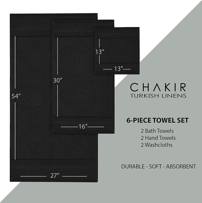 Chakir Turkish Linens 6 Piece Towels Set, 100% Cotton Luxury Turkish Towels for Bathroom, Soft Absorbent Bath Towel Set with 2 Bath Towels 2 Hand Towels 2 Washcloths, Black
