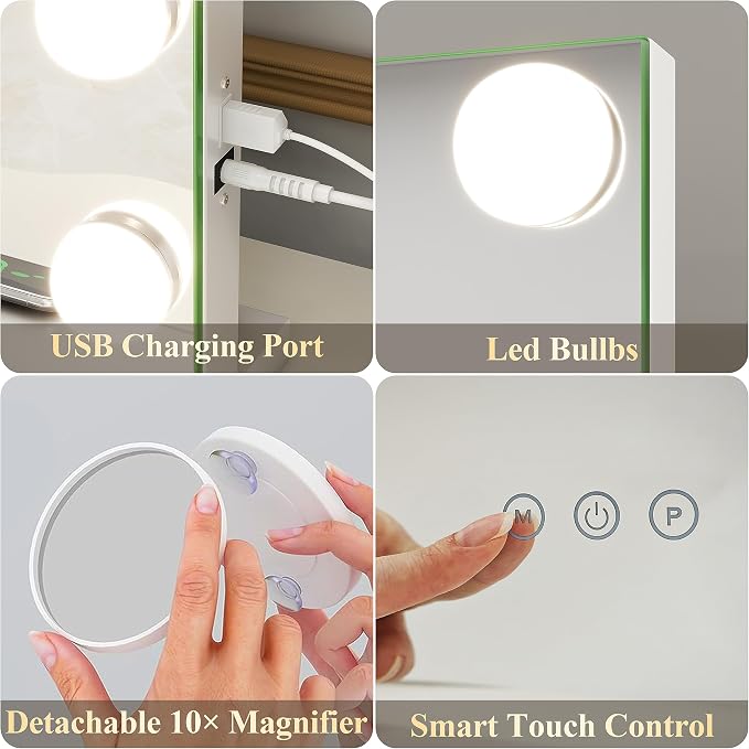 FENNIO Hollywood Vanity Mirror with Lights 32x24.5 Large Lighted Mirror Makeup Mirror with 18 Dimmable LED Bulbs and 10X Magnification 3Color Lighting USB Charging Port for Vanity Desk Tabletop