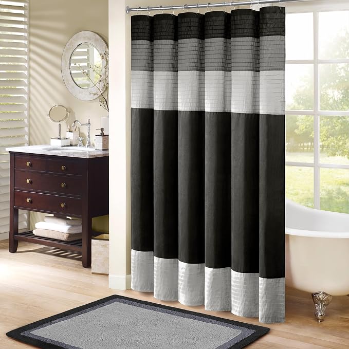 Madison Park Bathroom Shower Curtain, 72 x 84 Extra Long, Faux Silk, Black | Modern Classic, Light Sheen, Pieced, Striped, Microfiber, Machine Washable, OEKO-TEX Certified, Amherst